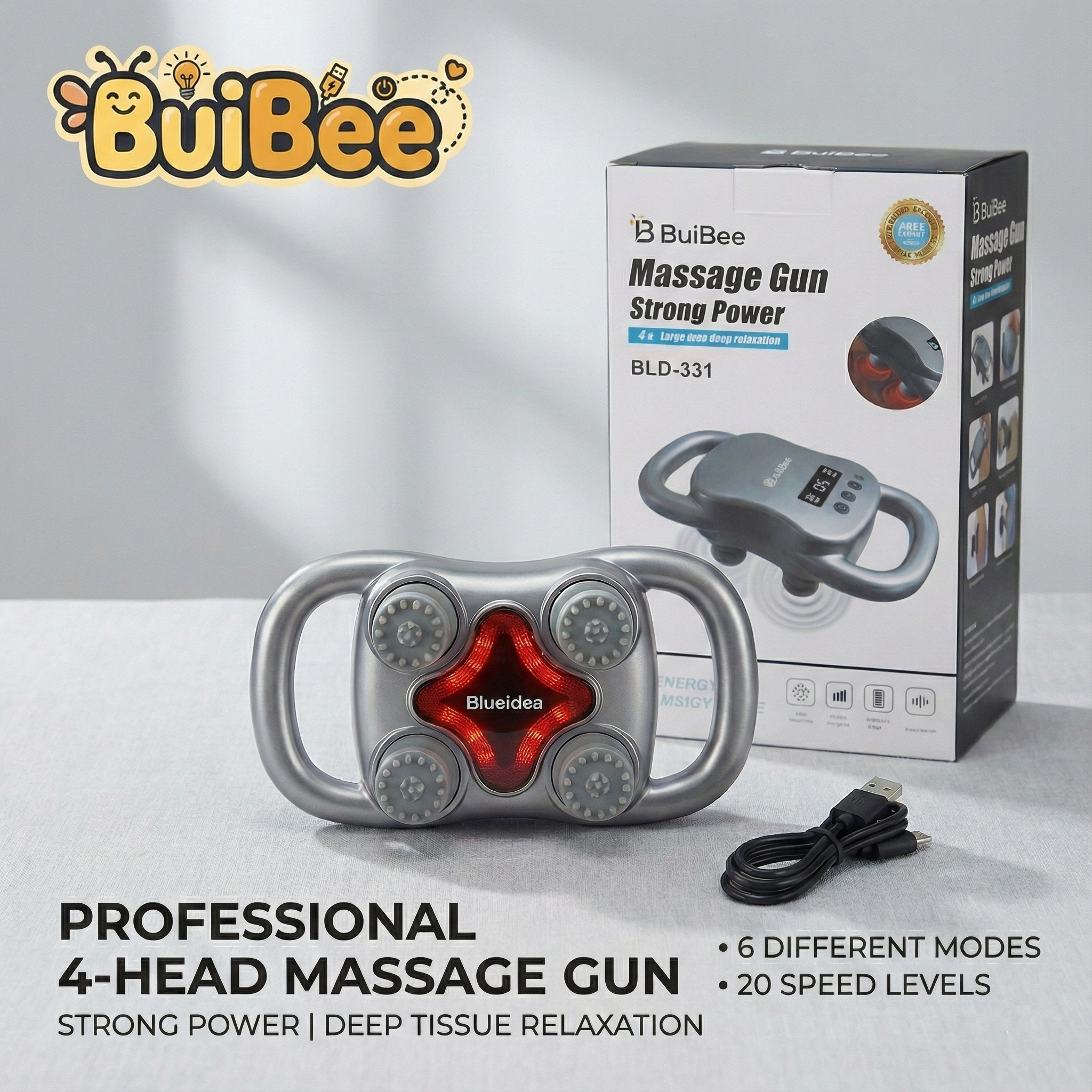 4-Head Full Body Electric Massager – 20 Speed Levels | Rechargeable Cordless Deep Tissue Massager