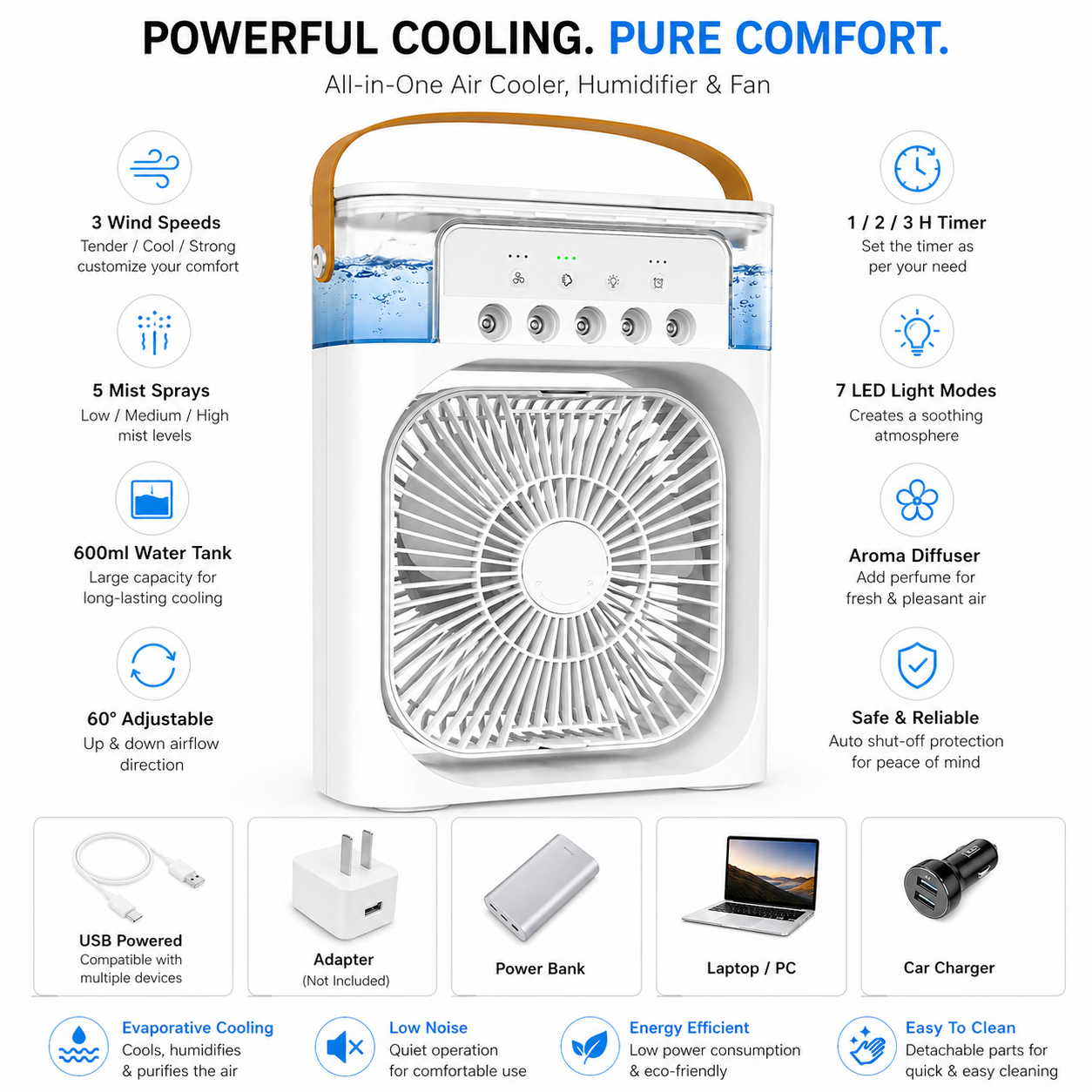 BuiBee Mini Air Cooler Fan — 4-in-1 Personal Cooler with Mist Spray, 7-Color LED Light & Aroma Diffuser | 600ml Tank | USB Powered