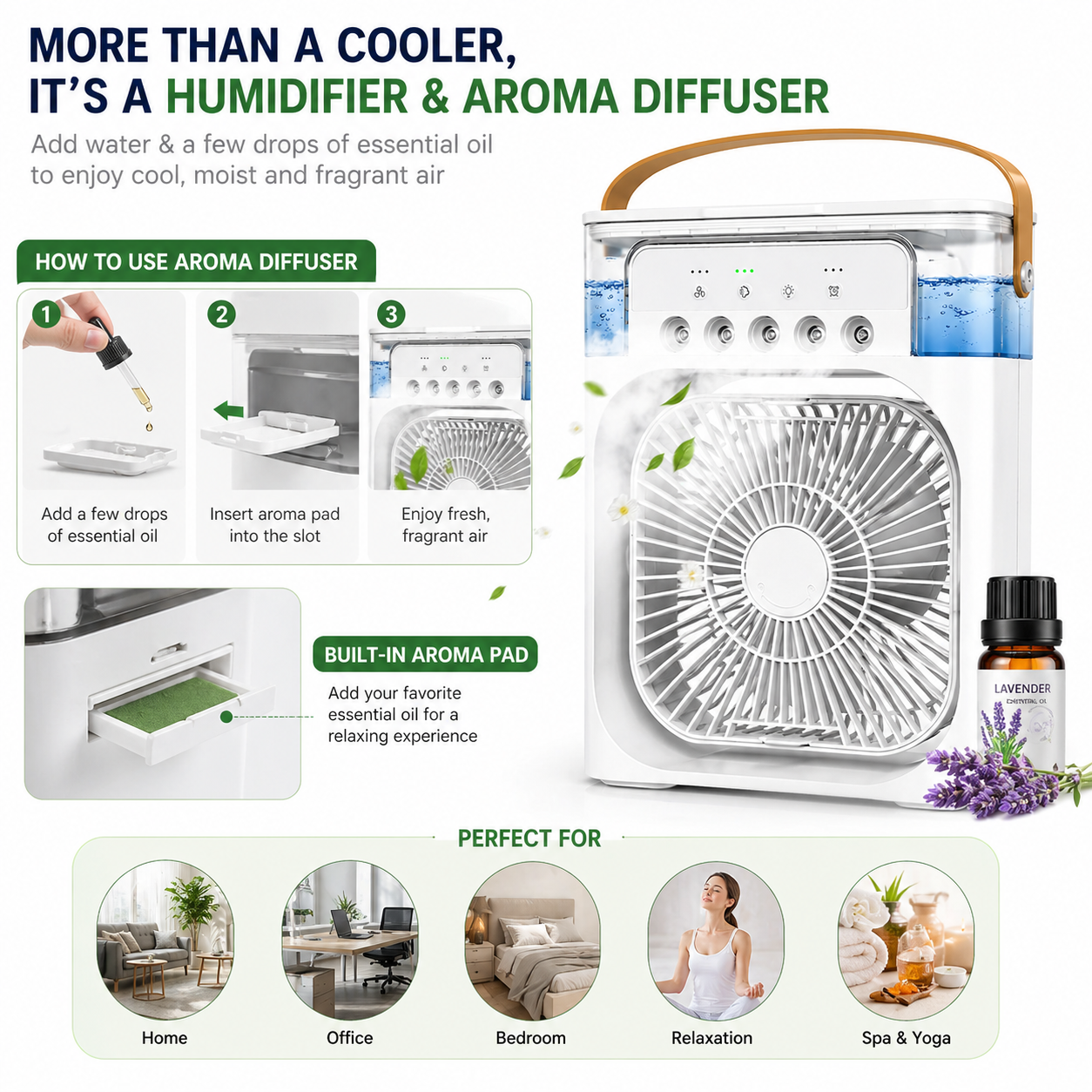 BuiBee Mini Air Cooler Fan — 4-in-1 Personal Cooler with Mist Spray, 7-Color LED Light & Aroma Diffuser | 600ml Tank | USB Powered