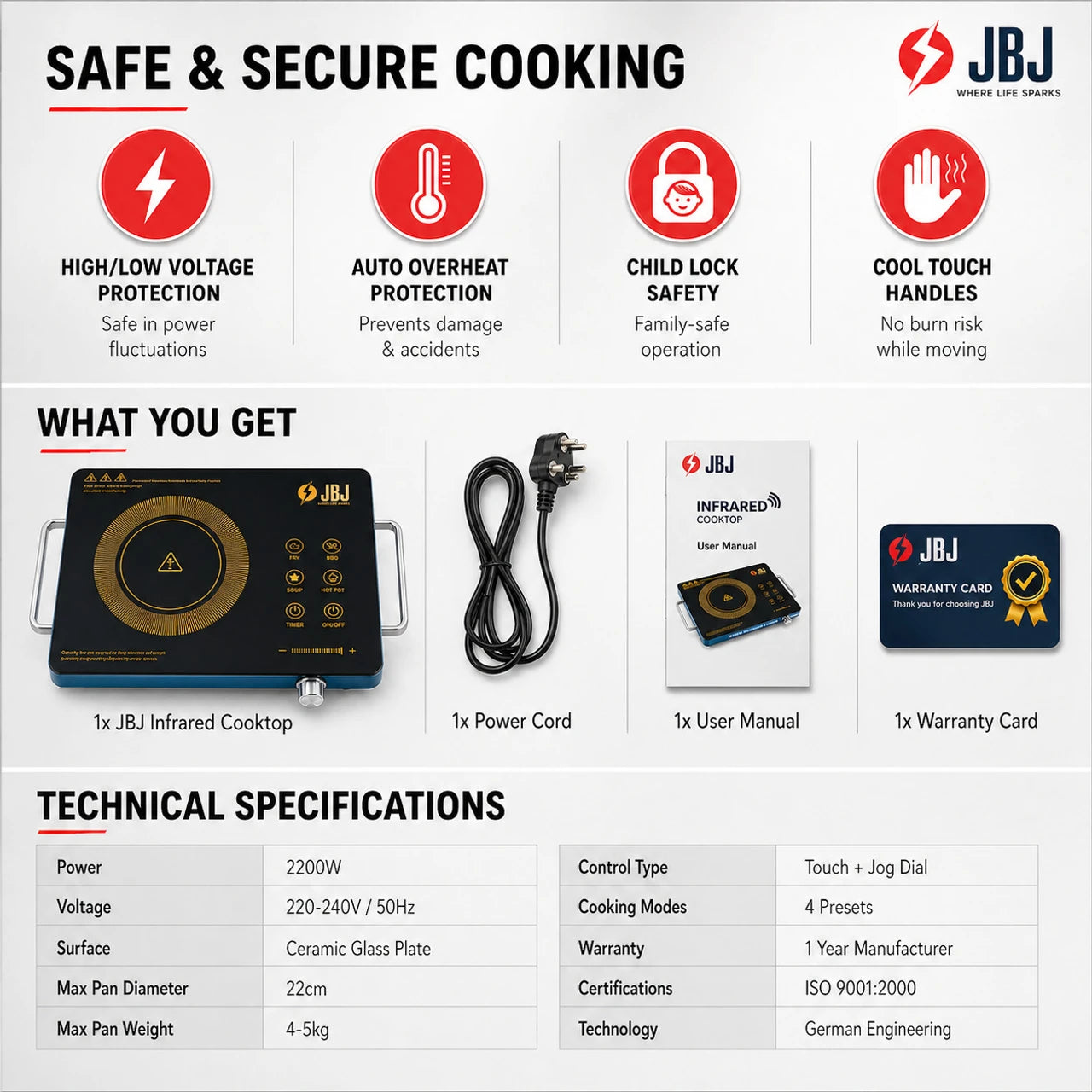 Infrared Cooktop 2200W with Multi-Purpose Cooking Surface