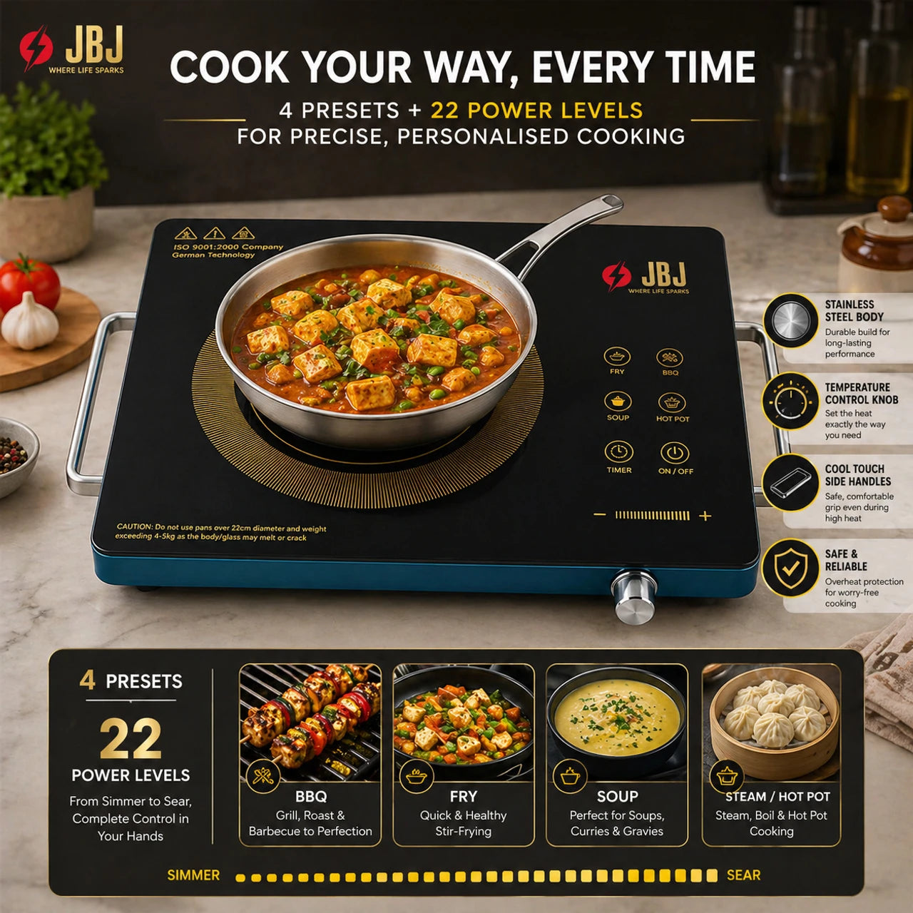 Infrared Cooktop 2200W with Multi-Purpose Cooking Surface