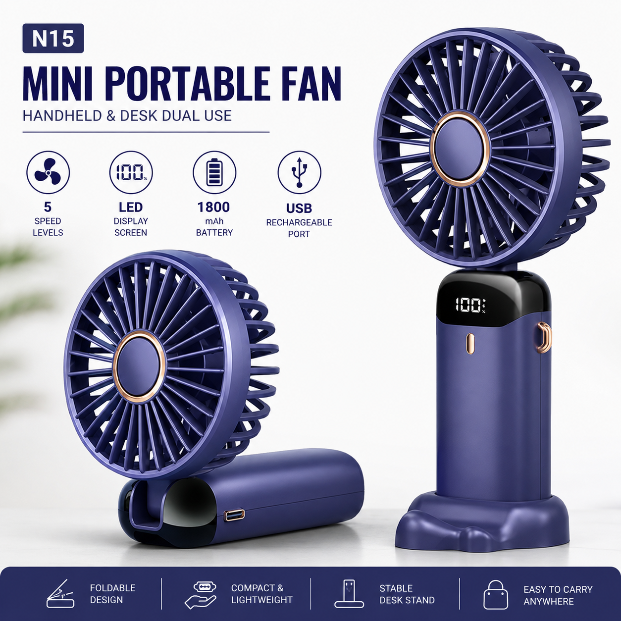 N15 Mini Portable Handheld Fan with Smart LED Display, 5 Speed Cooling, USB Rechargeable
