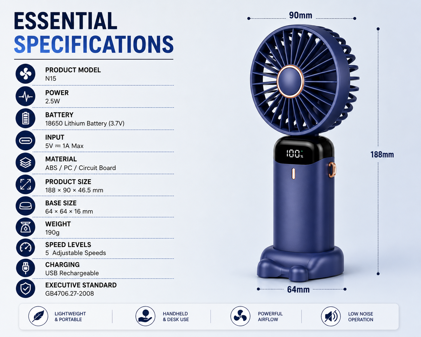 N15 Mini Portable Handheld Fan with Smart LED Display, 5 Speed Cooling, USB Rechargeable