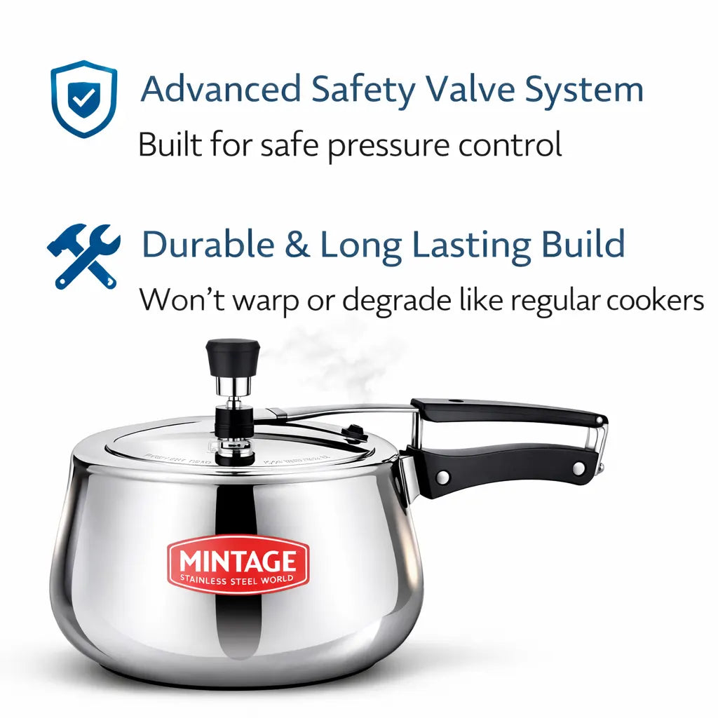 Mintage Triply Stainless Steel Pressure Cooker (Tulip Belly) – 304 Food Grade | Induction & Gas Compatible | Faster & Even Cooking