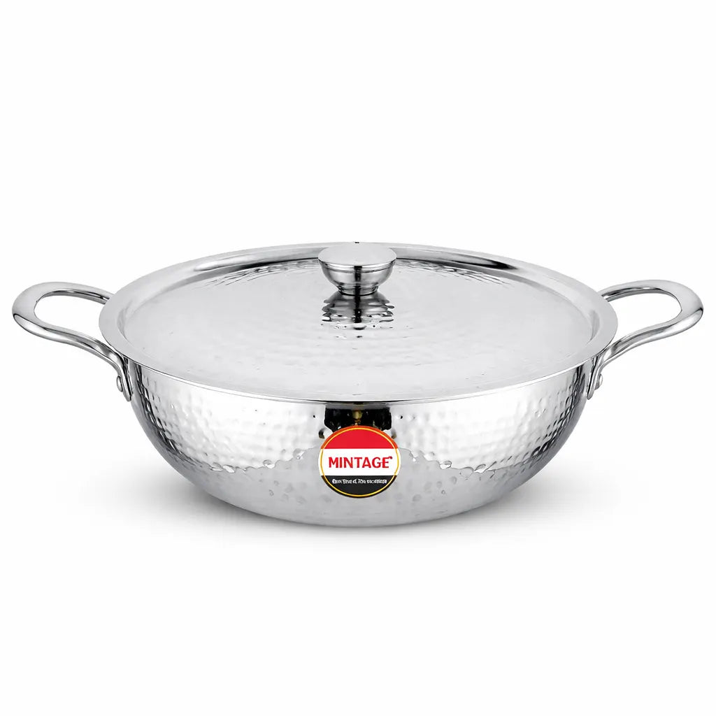 Mintage Triply Deep Hammered Kadhai with Lid – 304 Stainless Steel | Induction & Gas Compatible